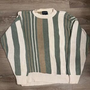 Weekends Vintage Striped Sweater Mens Large Green Tan Cream Ramie Cotton Knit